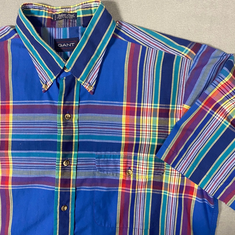 Gant Mens Foxhunt Plaid Short Sleeve Button Down Shirt Blue Multi Color Large